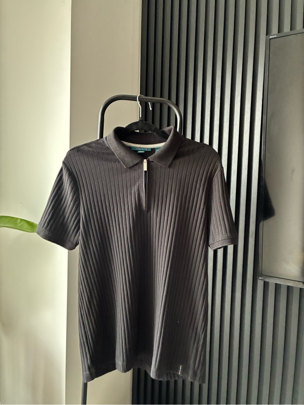 Perry Ellis Black Ribbed Zip-Front Polo